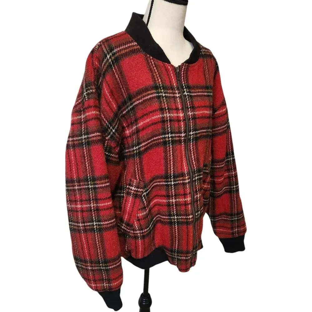 Vintage Woolrich Wool Mohair Red Tartan Plaid Bomber Jacket Coat USA Women XL - Picture 2 of 9